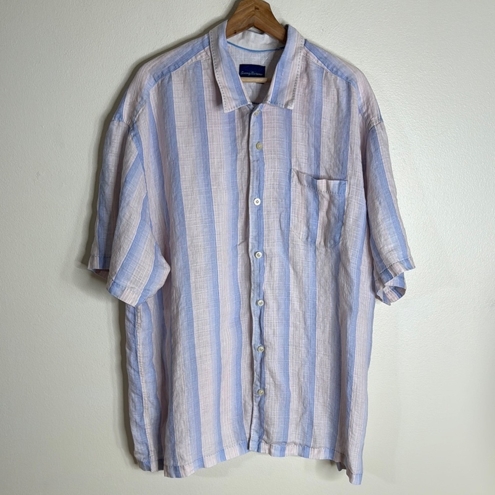 Tommy Bahama mens linen Blue and White Striped Men's Shirt size XXL spring